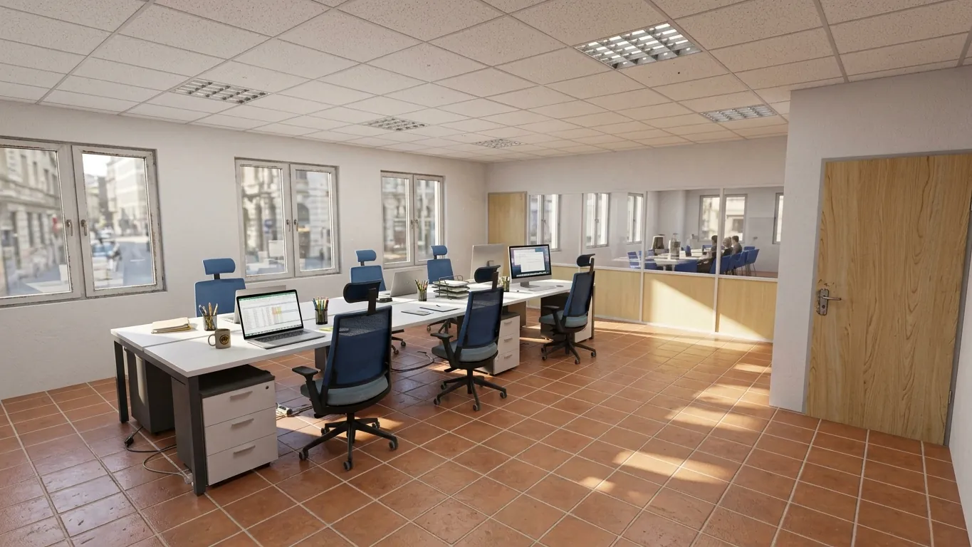 Render: Planta de oficina con puestos operativos, cajoneras y sillas ergonómicas.